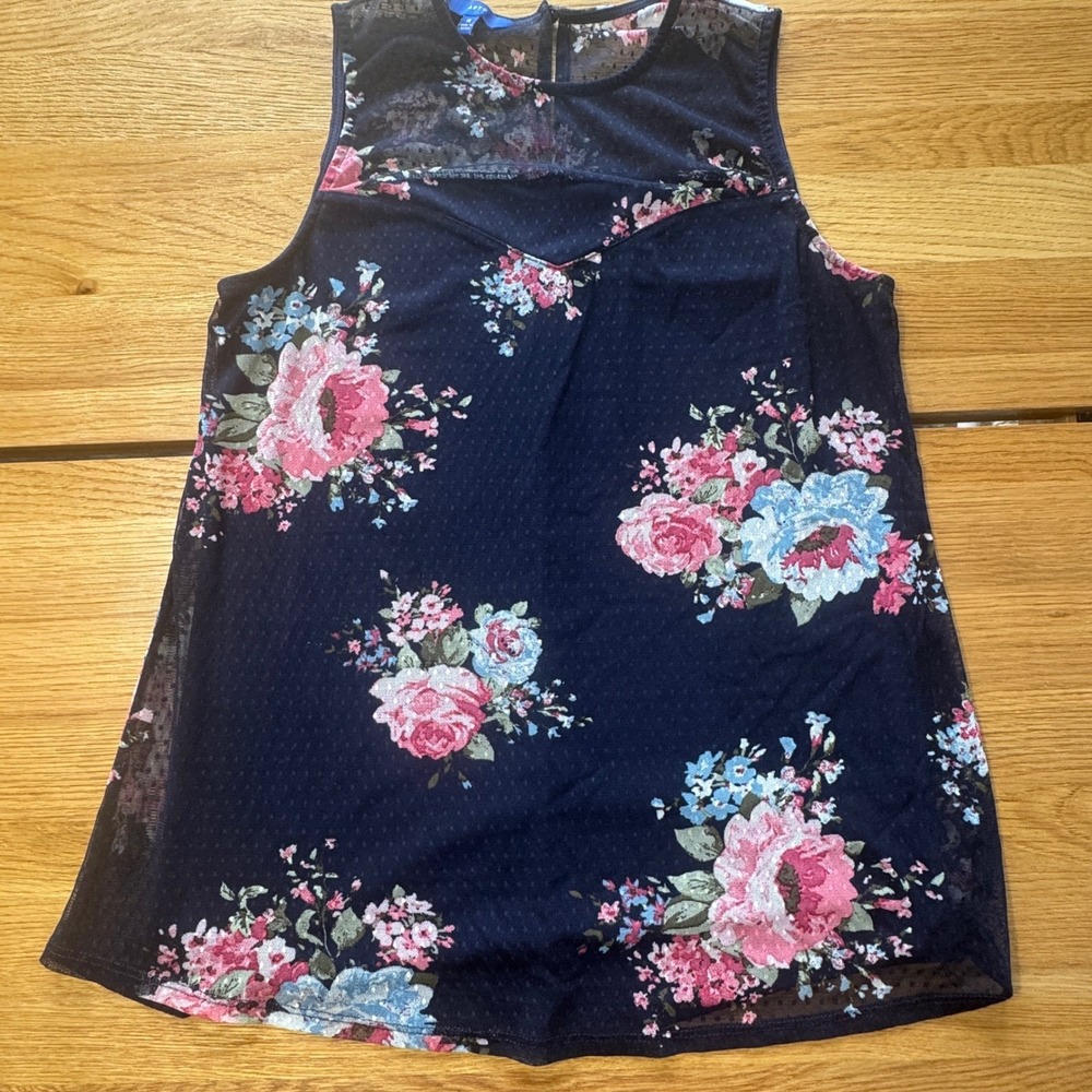 Womens Navy Blue Floral Mesh Swiss Dot Sleeveless Blouse Top Size Medium